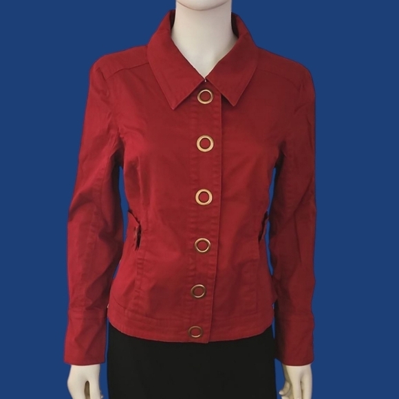 𝅺LIVE A LITTLE Oxblood Brass Snap Button Denim Jacket Shacket - Picture 1 of 10
